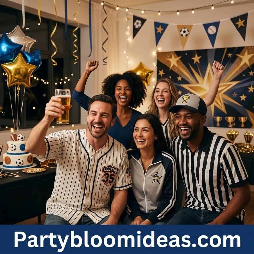 Group of friends celebrating Father's Day with drinks and decorations at a themed party.