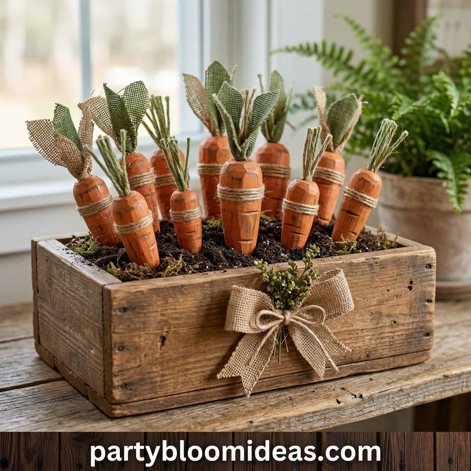 Cute Halloween carrot planters with fabric leaves in a rustic wooden box.