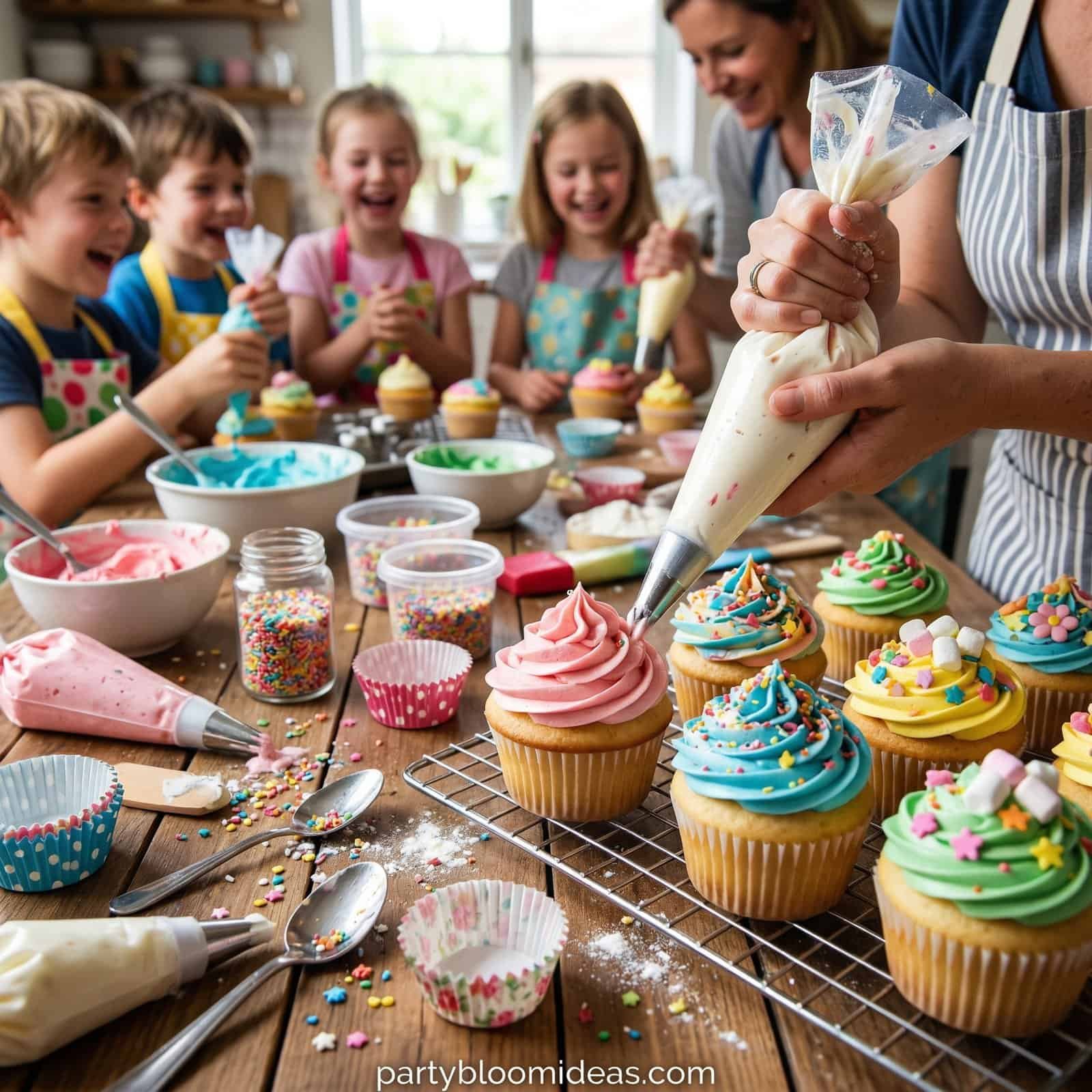 Kids decorating colorful cupcakes at birthday party with frosting and sprinkles.