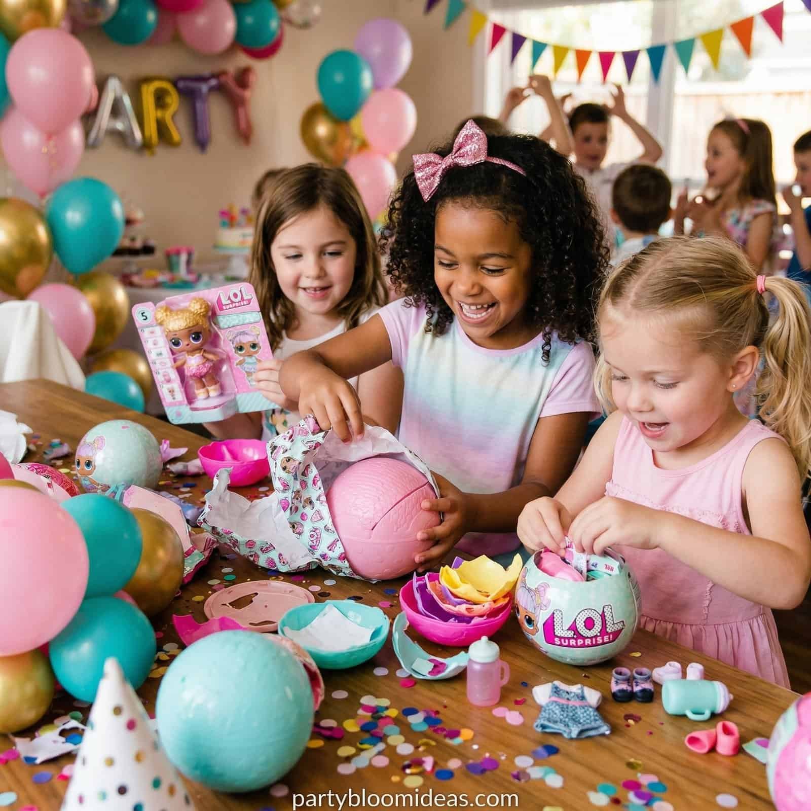 Kids opening LOL Surprise eggs at birthday party with colorful decorations.