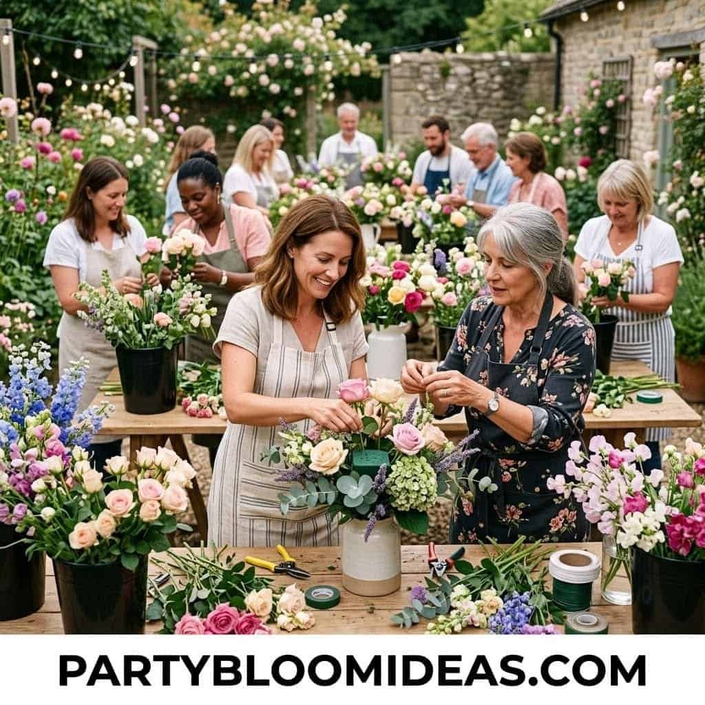 Beautiful Mother's Day flower arranging workshop with women creating floral arrangements outdoors.