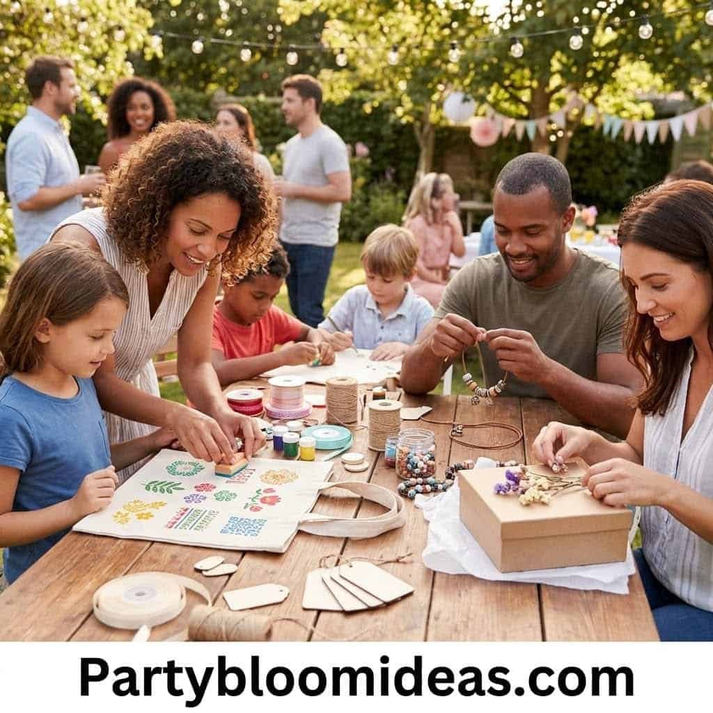 Family enjoying a creative outdoor Mother's Day party with crafts and decorations.