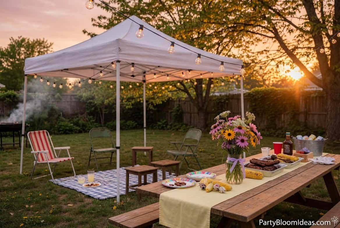 Summer BBQ party setup with string lights and seating