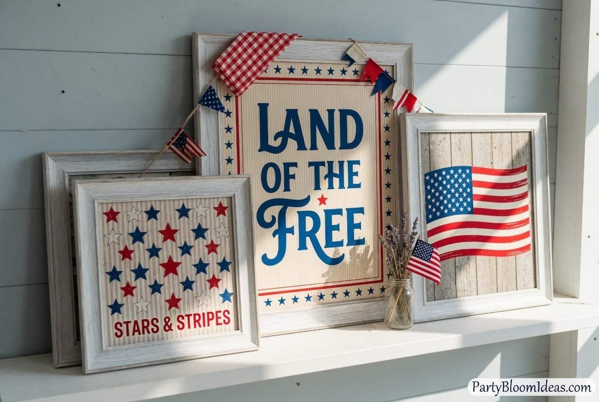 Festive 4th of July patriotic wall art with stars, stripes, and American flags for Independence Day.