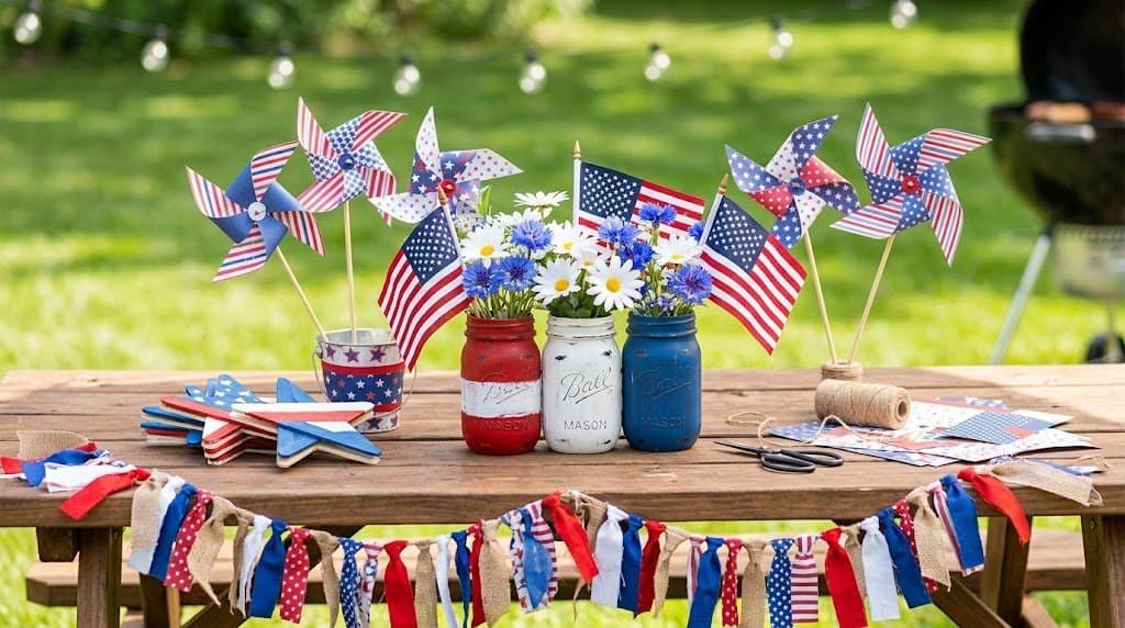 American flag-themed 4th of July decorations with pinwheels and flowers.
