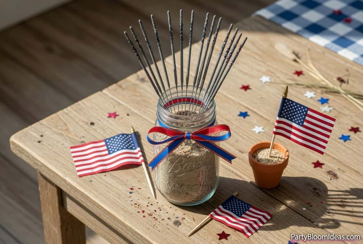 Easy and affordable 4th of July decorations with American flags and sparklers for Independence Day.