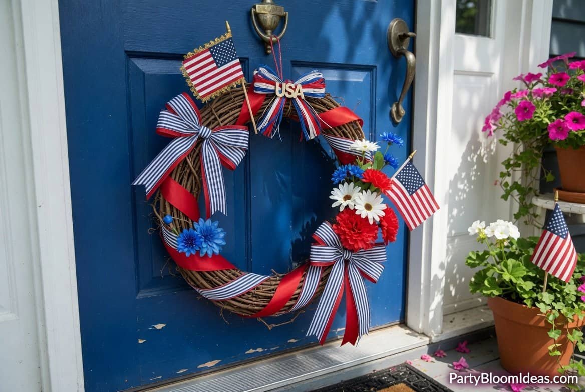 Festive 4th of July wreath with American flags, ribbons, and flowers on a blue door.
