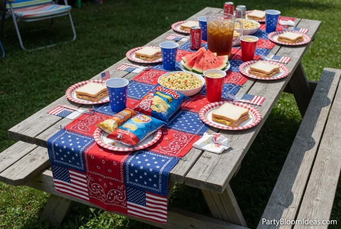 Outdoor 4th of July picnic table with patriotic decorations and snacks.