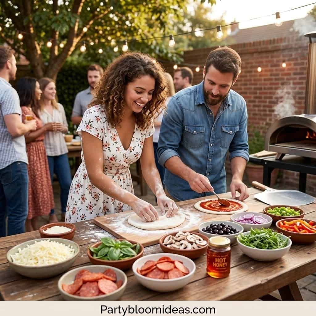 Friends making pizza at a backyard party with food and decorations.