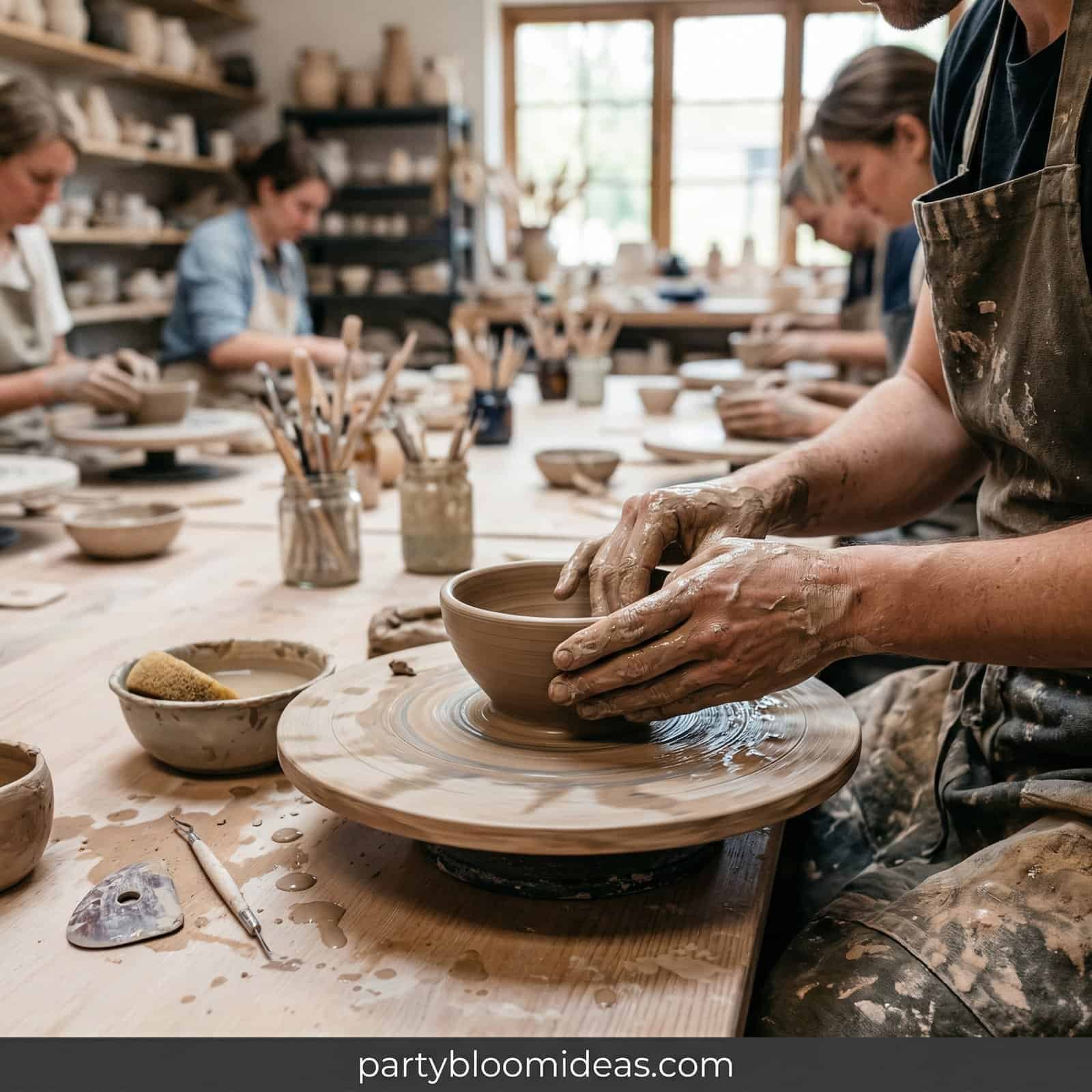 Adults creating pottery in a studio workshop setting.