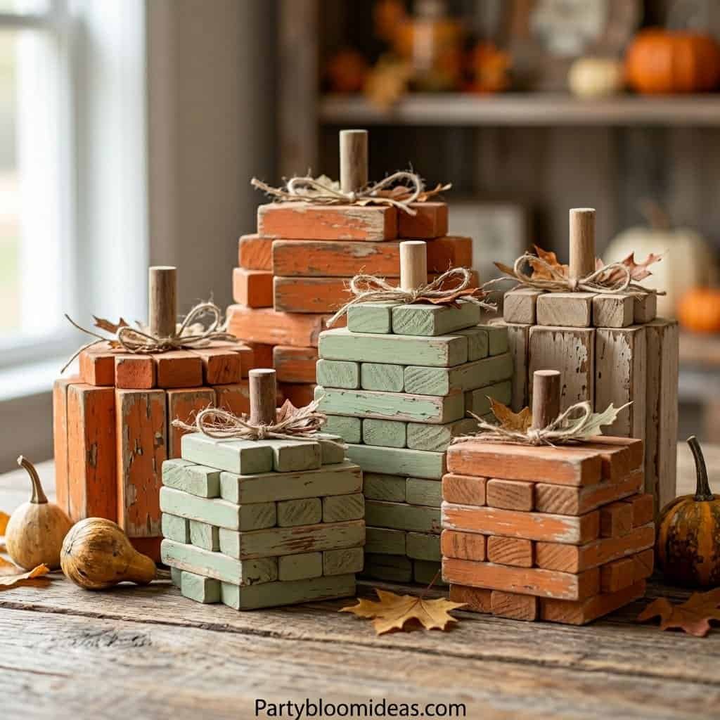 Rustic pumpkin-shaped candle holders made from painted bricks for Halloween decor.