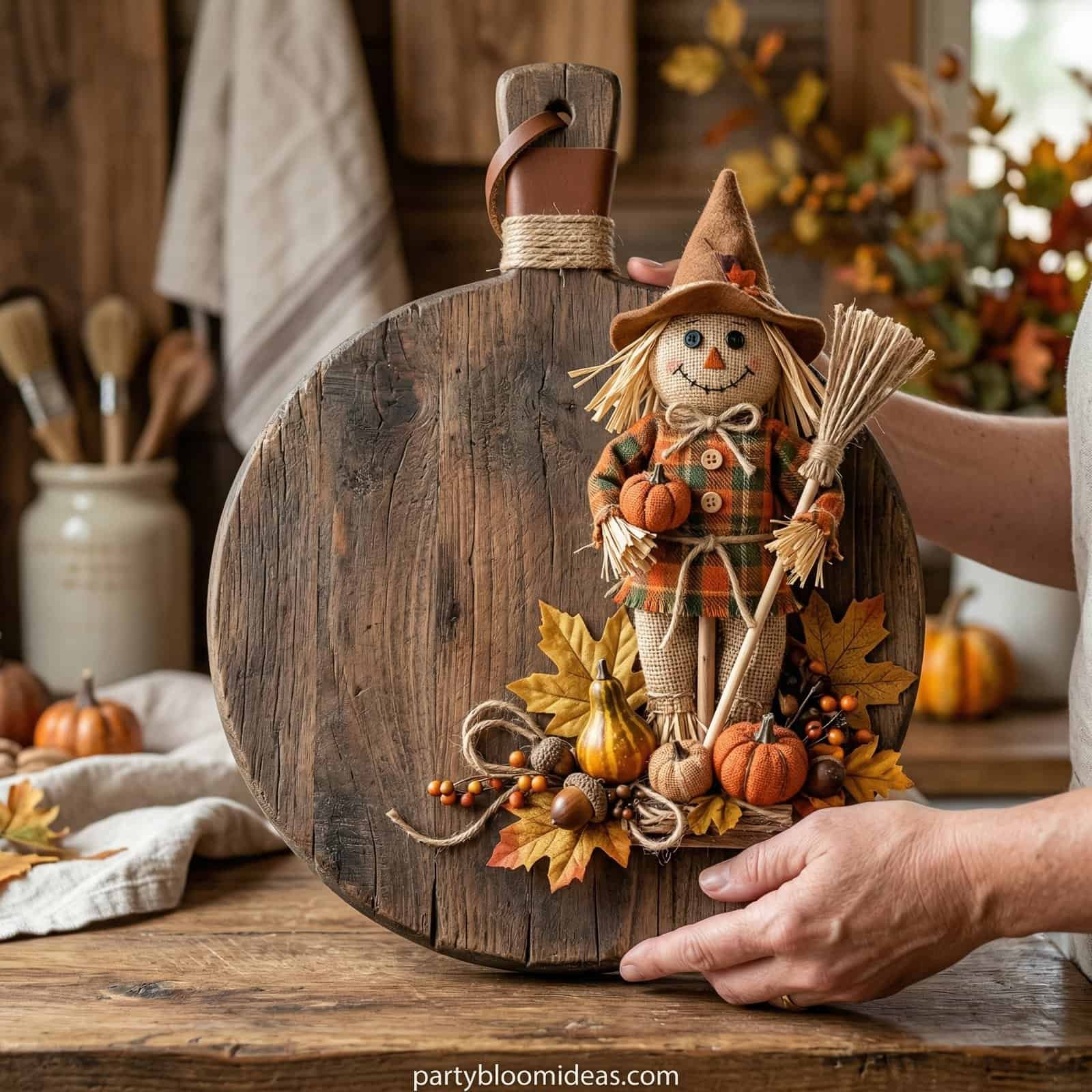 Cute Halloween scarecrow figurine with pumpkins and fall leaves on a rustic wooden cutting board.