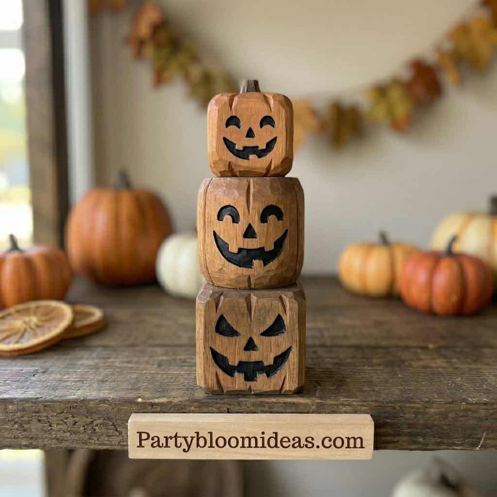 Halloween pumpkin wood blocks with carved faces for festive decor.