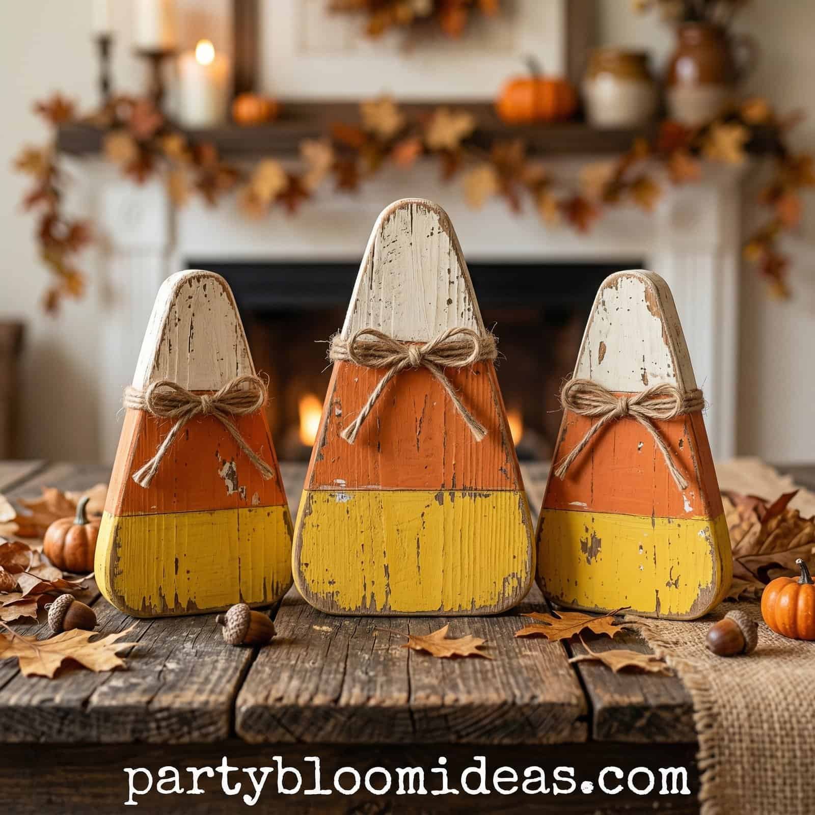 Rustic wooden candy corn trio with distressed paint and raffia bows for tiered tray Halloween décor.