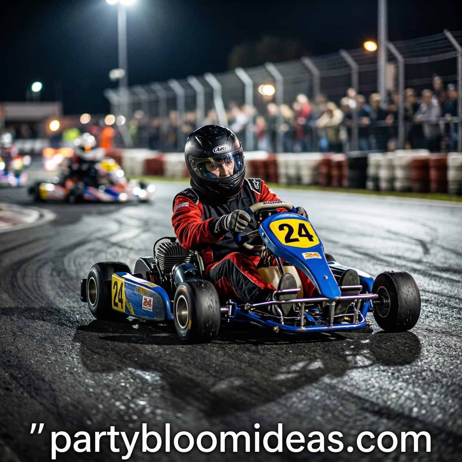 Go-kart racing at night for adult birthday celebrations.