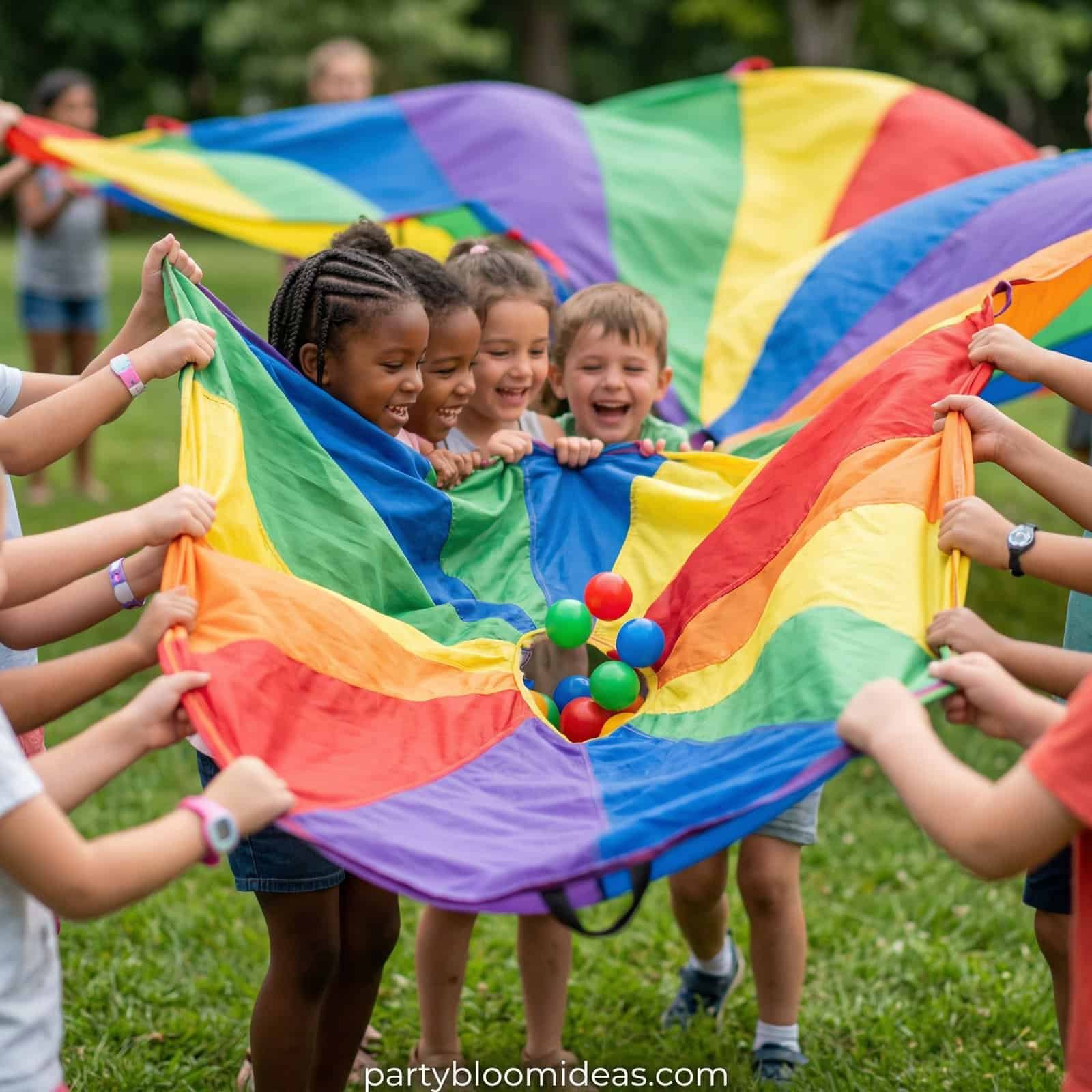 Children playing with a colorful rainbow parachute outdoors.
