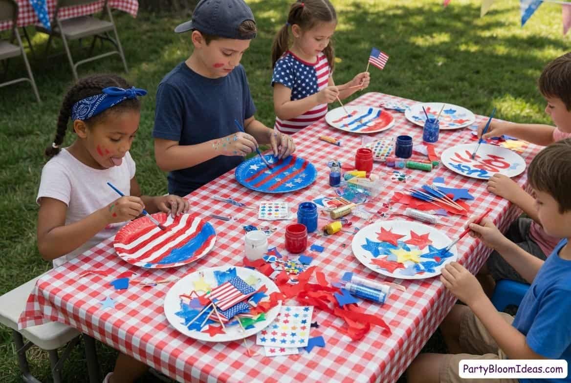 Kids decorating patriotic plates with red, white, and blue for a 4th of July celebration.