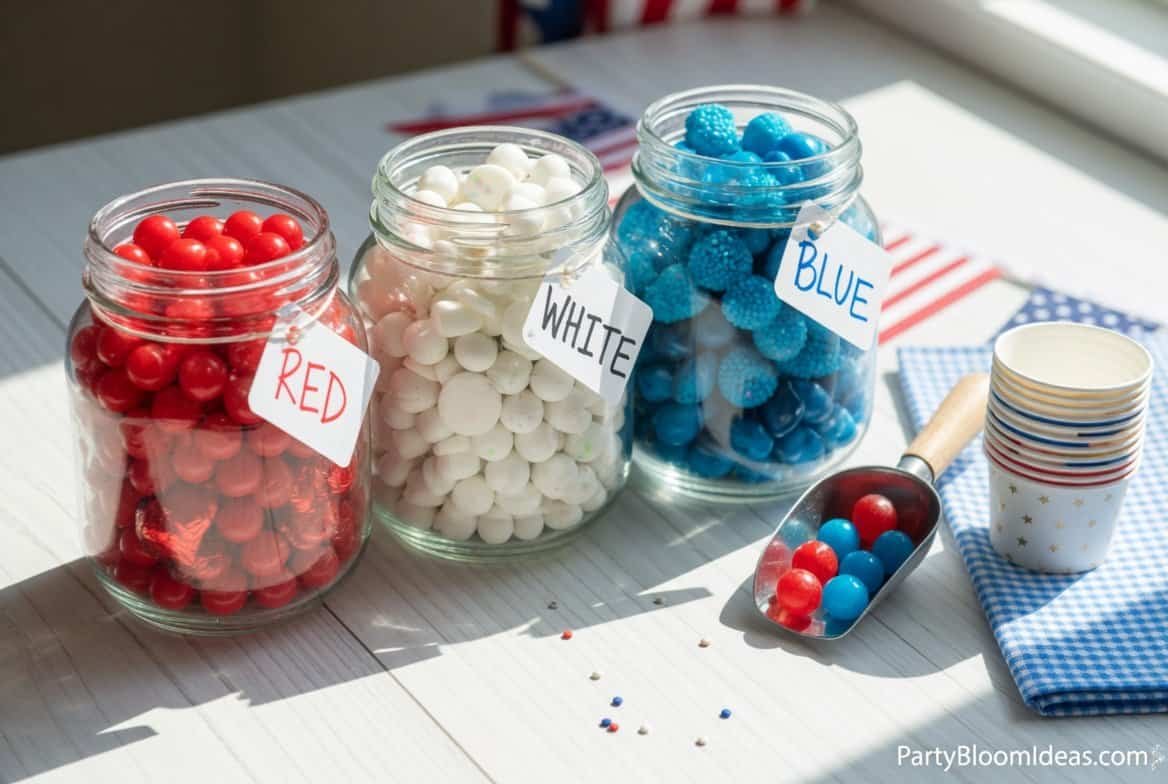 Brightly colored candy jars with red, white, and blue candies for festive Independence Day celebrati.