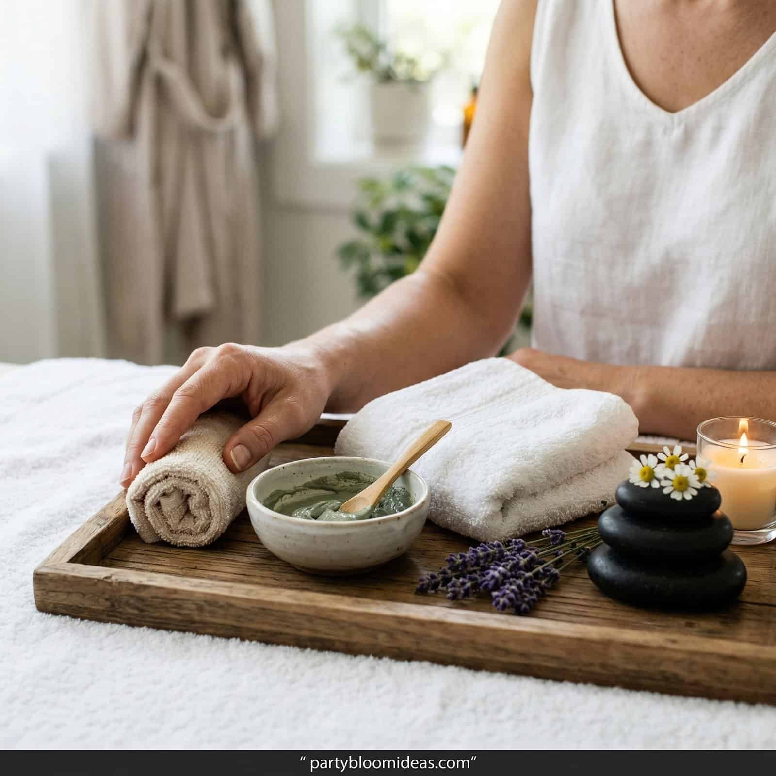 Woman enjoying a spa treatment with towels, candles, and lavender for a relaxing birthday celebratio.