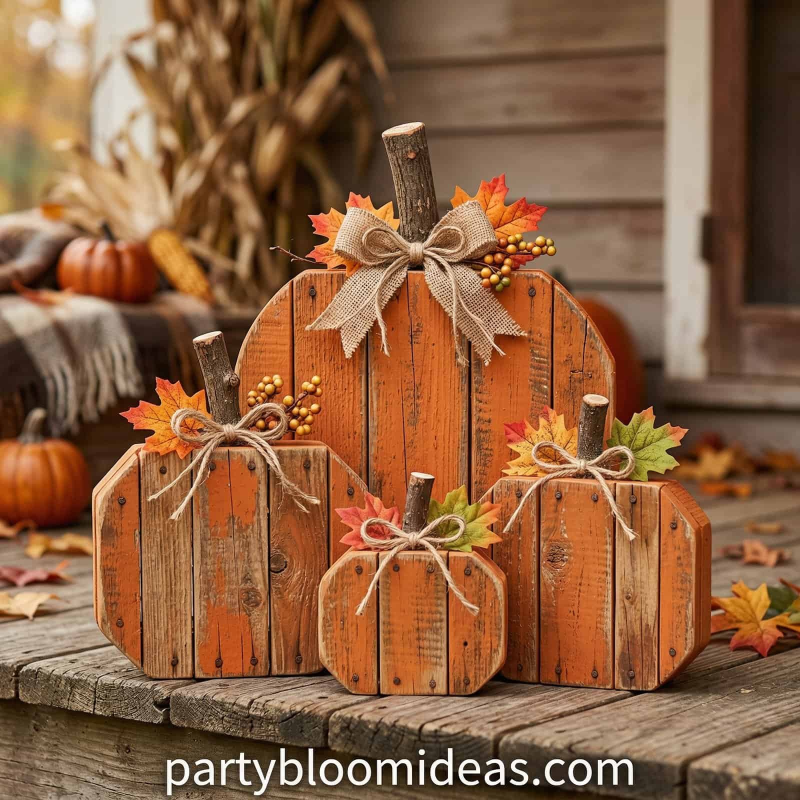 Autumn-themed wooden pumpkins with bows and leaves for fall craft projects. Perfect for seasonal hom.