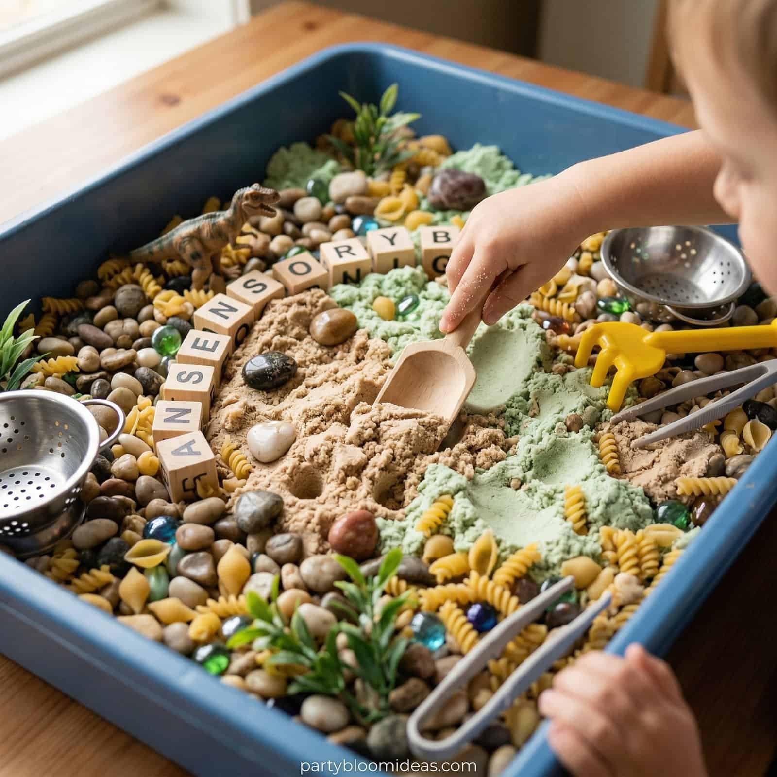 Child playing in a colorful sandpit with toys and natural elements for 4-year-old birthday fun.