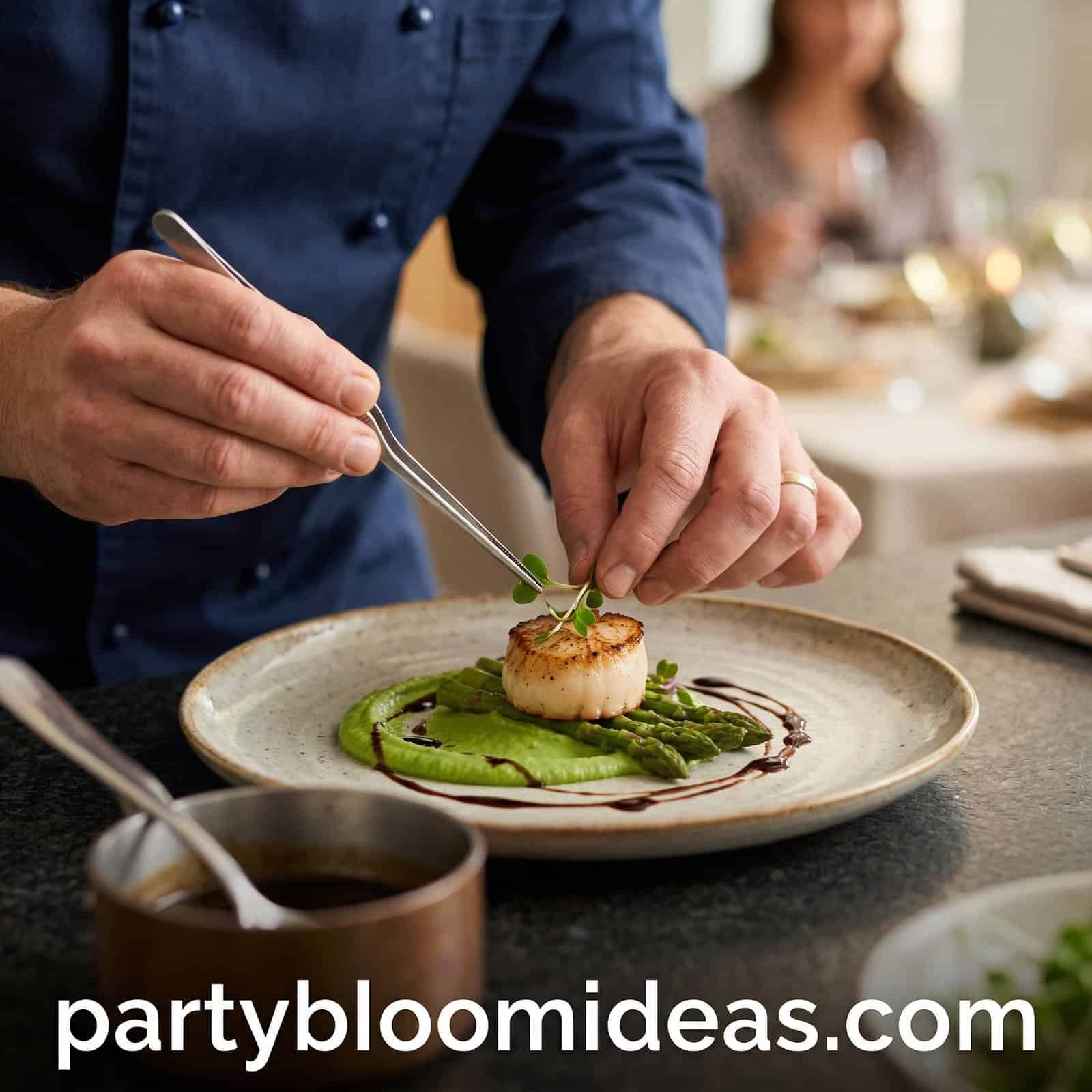 Chef plating seared scallop with green puree and balsamic glaze at a birthday party.