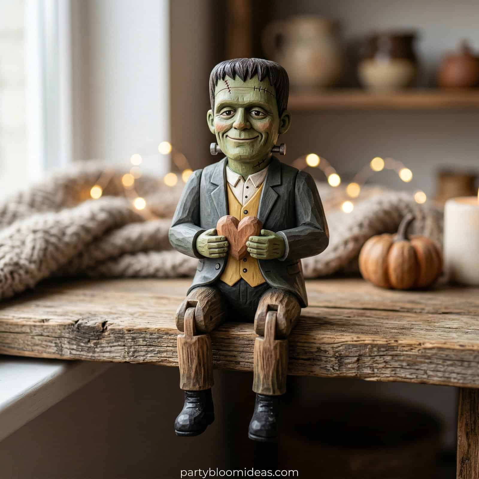 Handcrafted Frankenstein wood figurine for Halloween decorations.