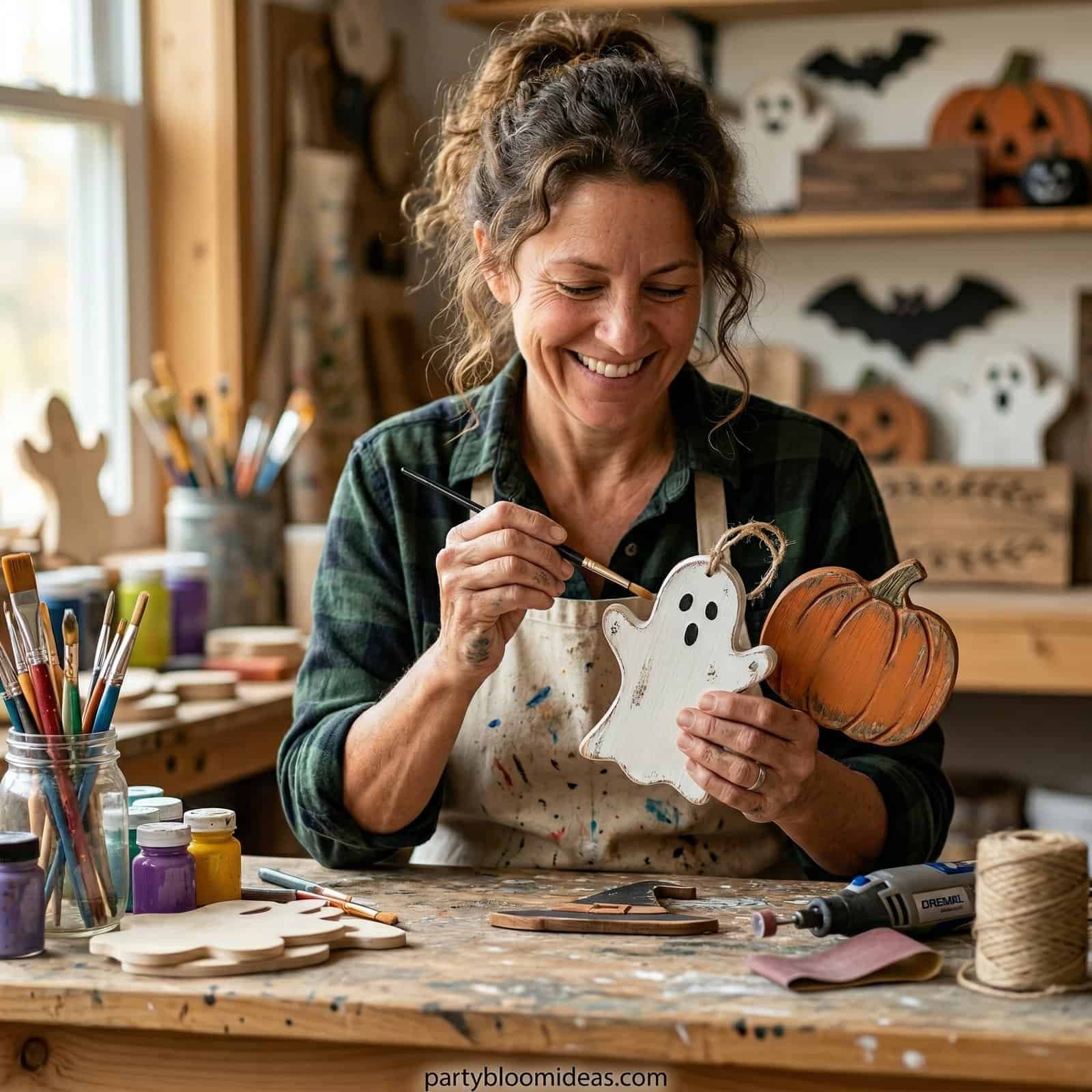 Woman painting a ghost and pumpkin wood craft for Halloween decorations.