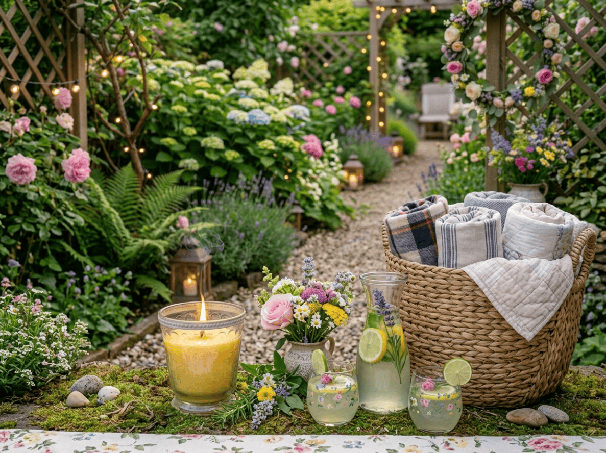 Beautiful spring garden party scene with flowers, candles, and refreshing drinks for outdoor celebra.