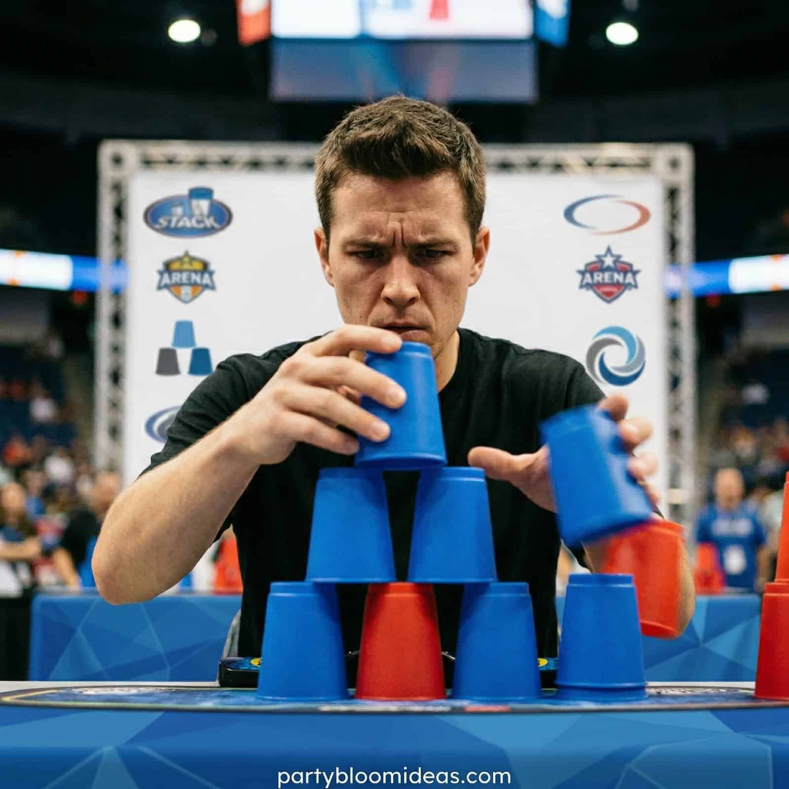 Kids playing a cup stacking game at a birthday celebration.