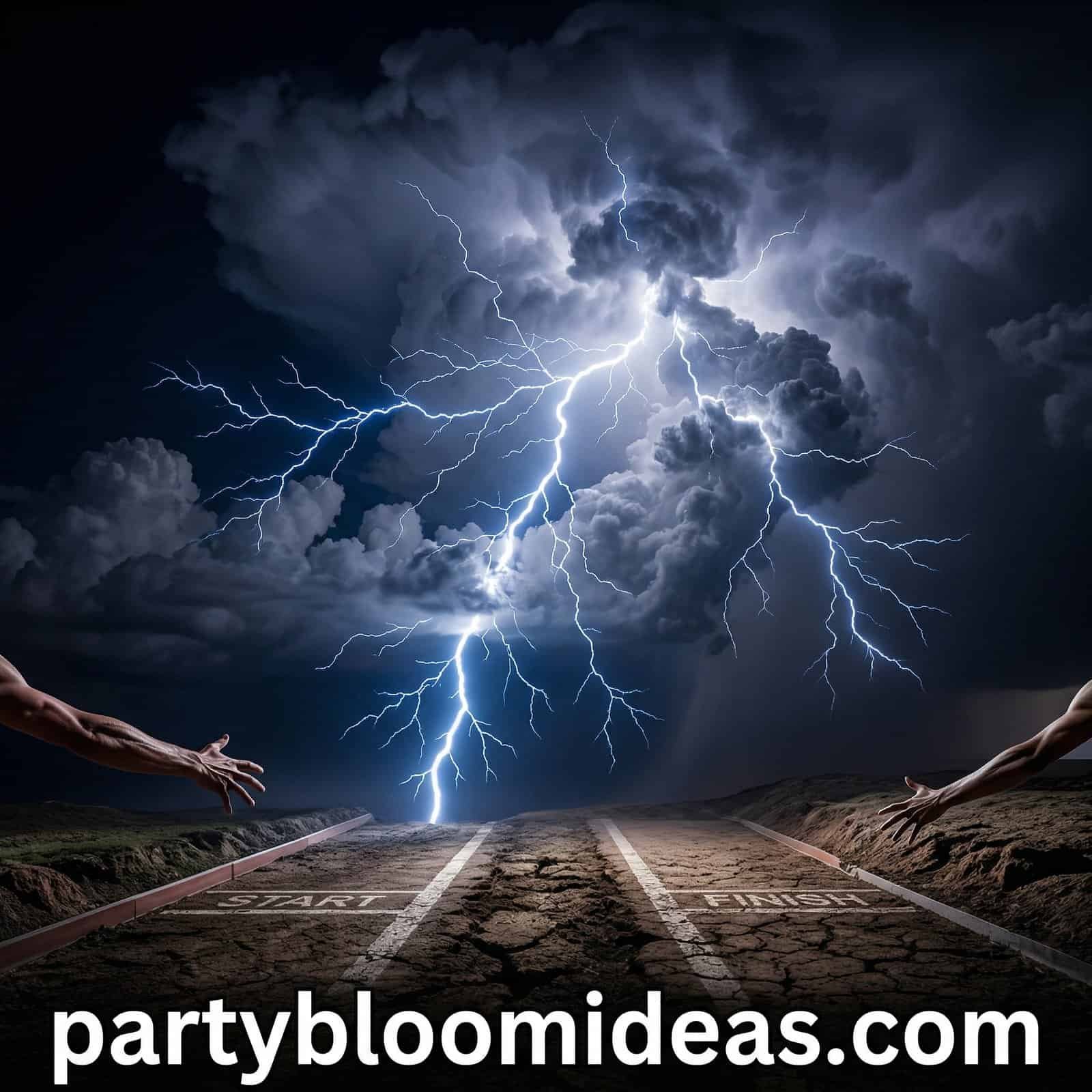 Lightning storm over a road with hands reaching out, symbolizing exciting birthday games for 12-year.
