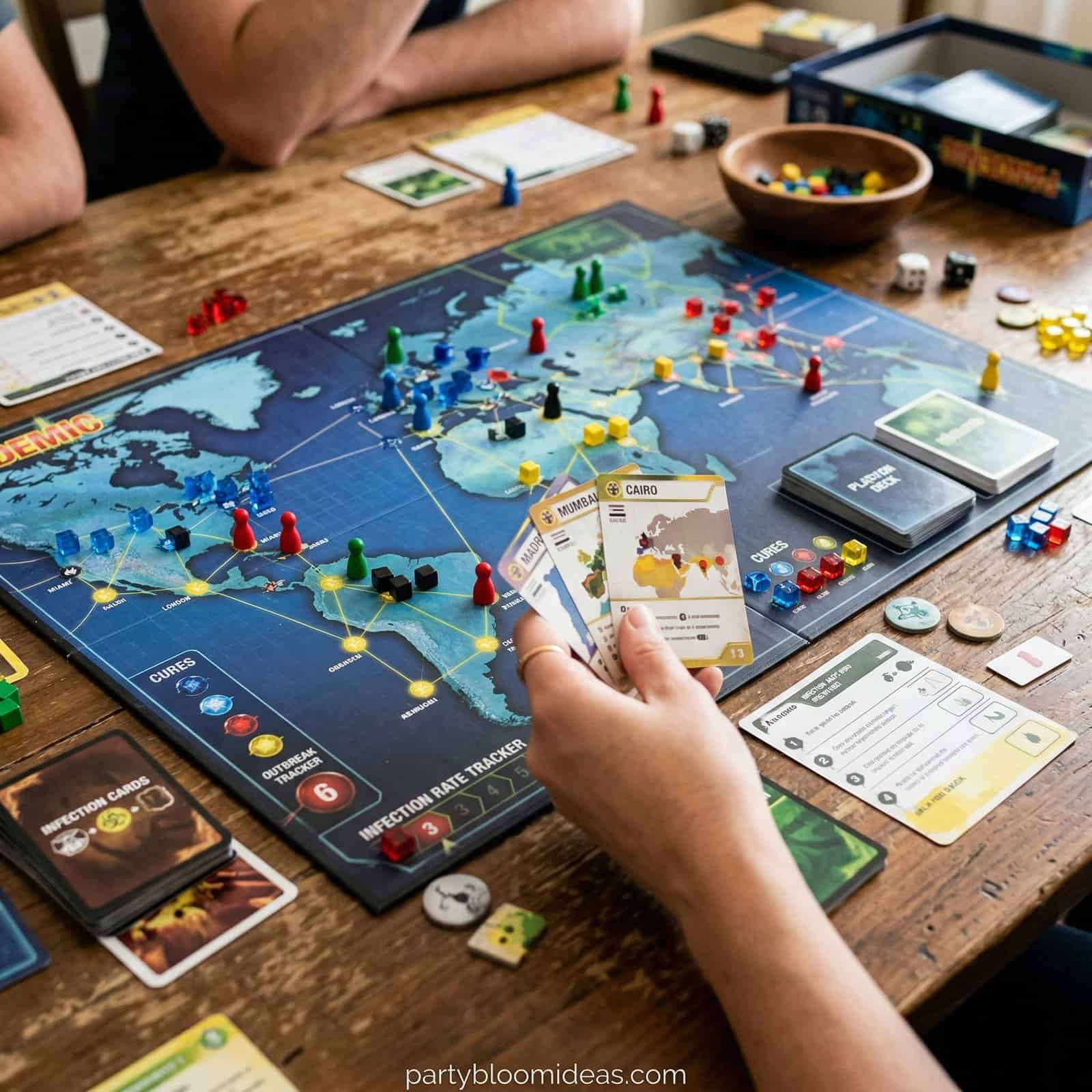 Board game setup with colorful pieces and cards for kids' birthday party.