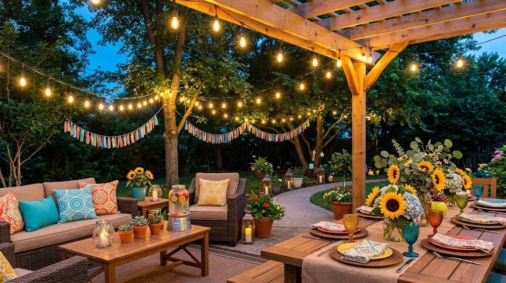 Beautiful outdoor summer party setup with string lights, colorful decorations, and floral arrangemen.