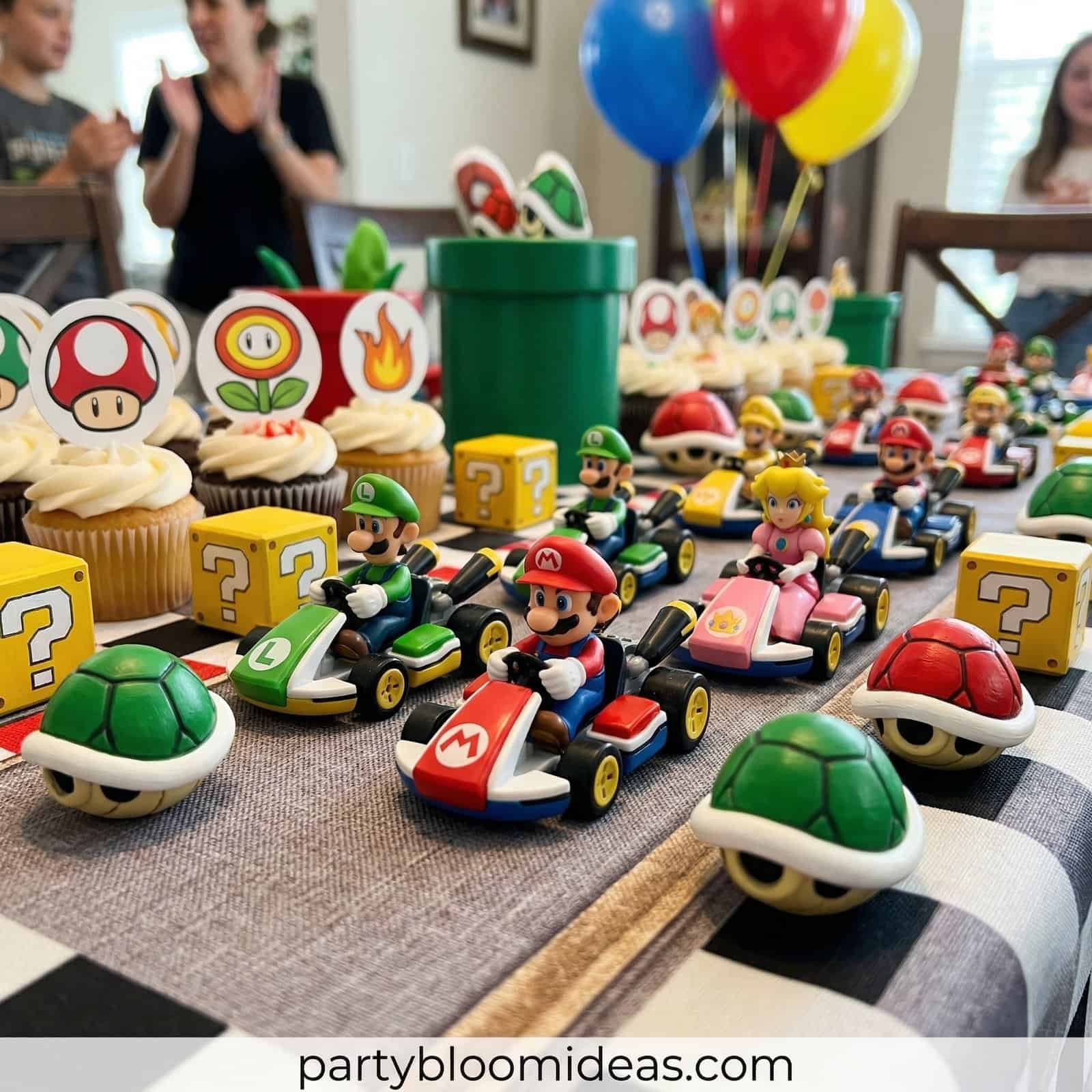 Colorful Mario Kart figurines and themed cupcakes for a fun celebration.