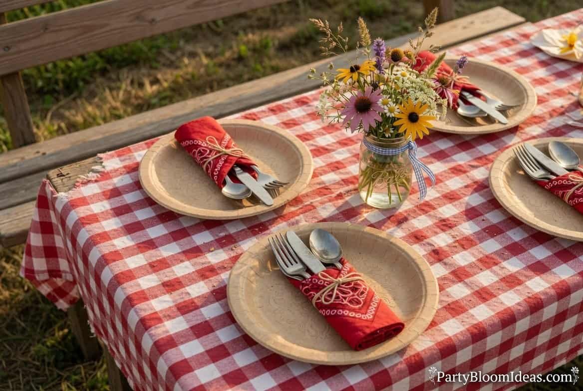 Outdoor summer BBQ table with rustic plates and flowers