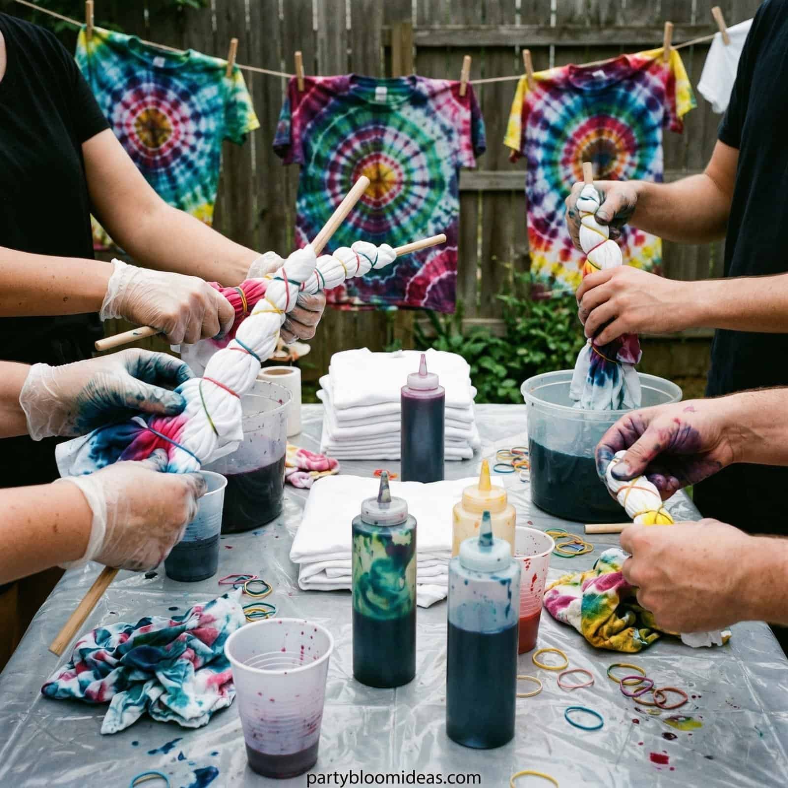 Colorful tie-dye fabric being created at a kids' birthday party.