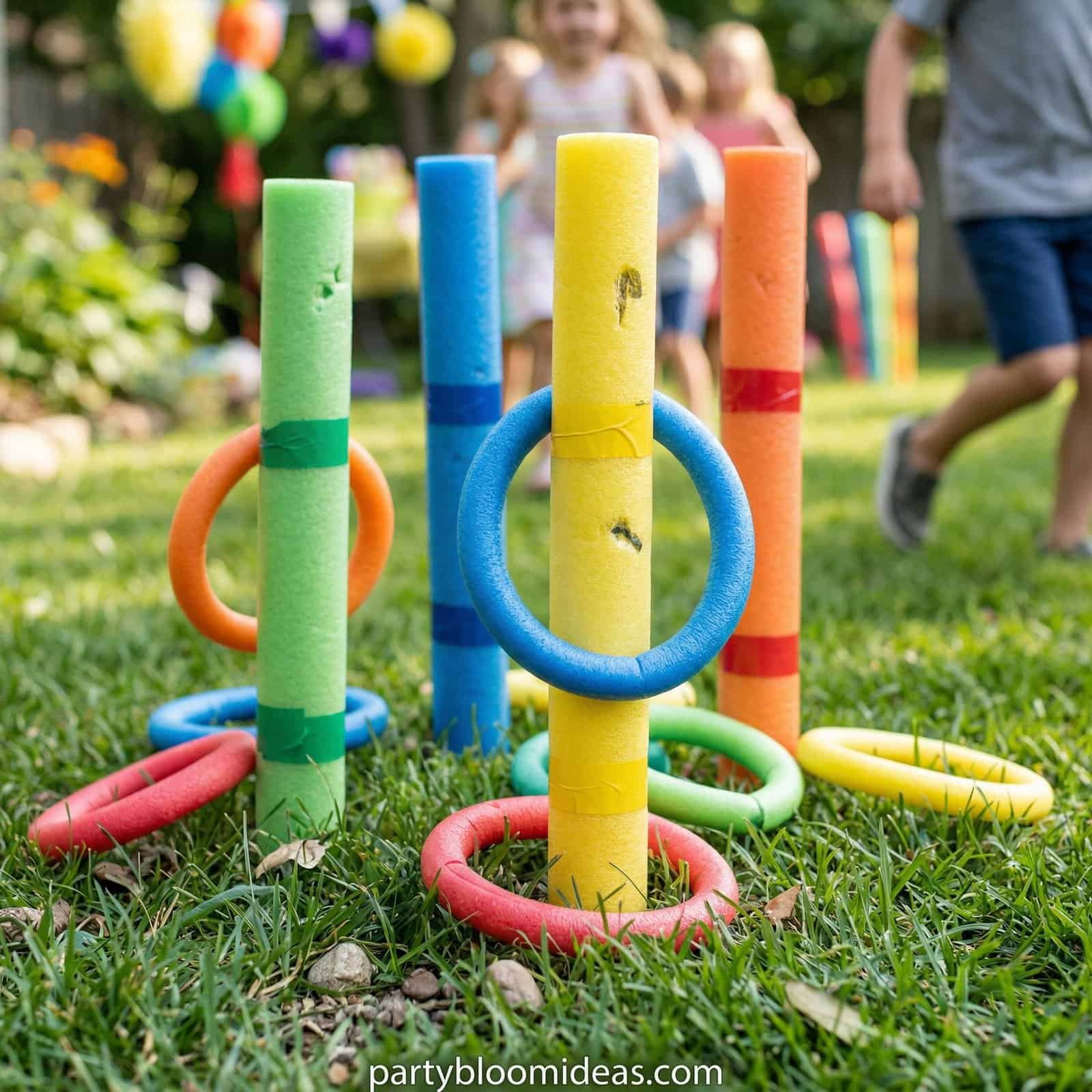 Colorful outdoor ring toss game for 4-year-olds at birthday party.