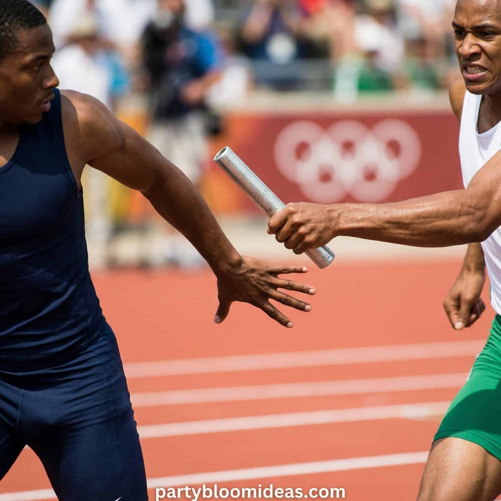 Young athletes competing in a relay race on an outdoor track, emphasizing teamwork and sportsmanship.