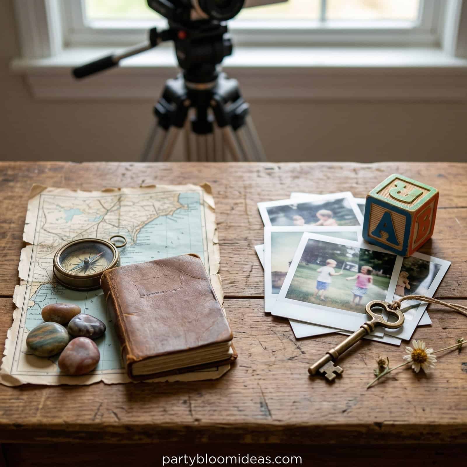 Vintage travel and childhood memorabilia with photos, map, and toys on wooden table.
