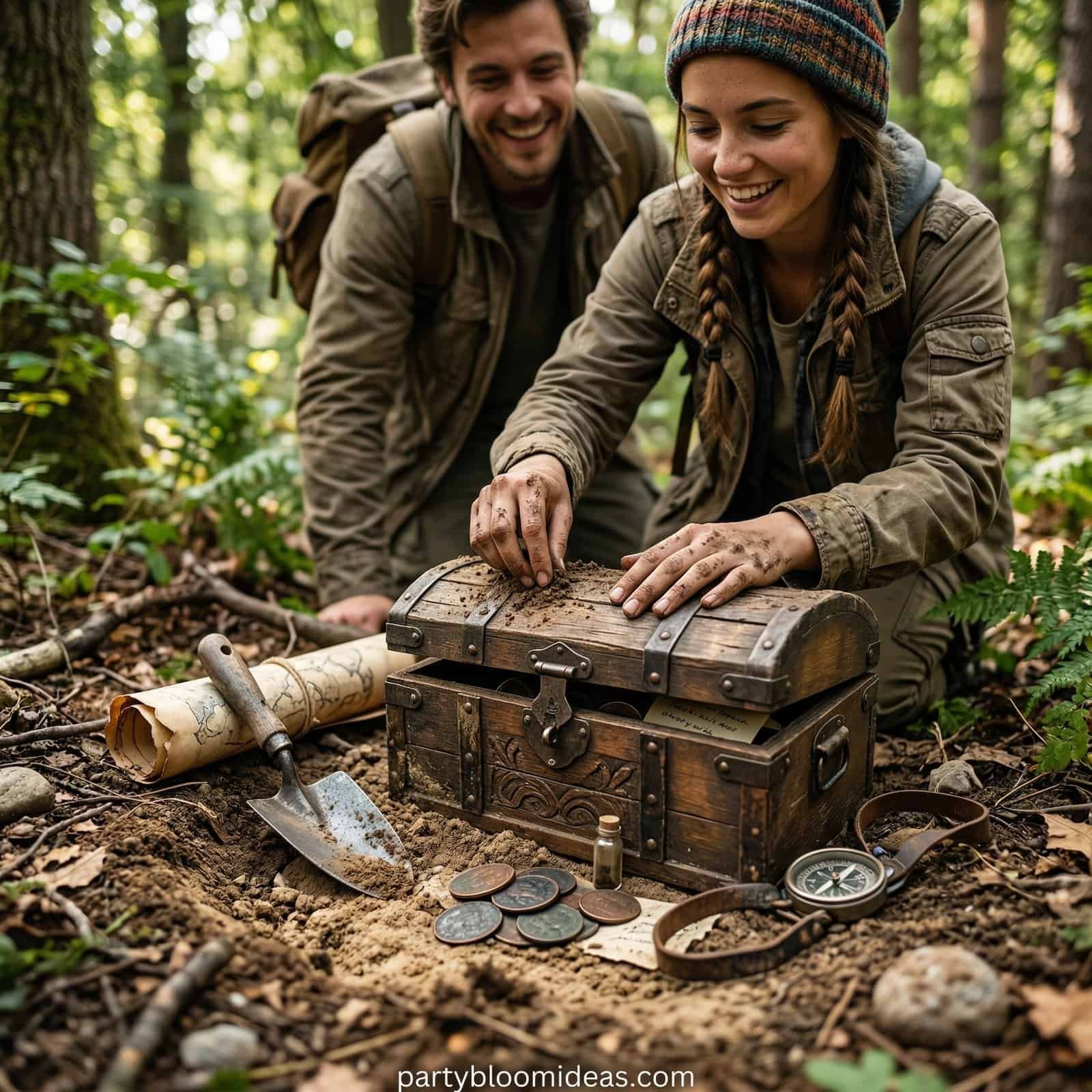 Outdoor treasure hunt game for 4-year-olds at birthday party.