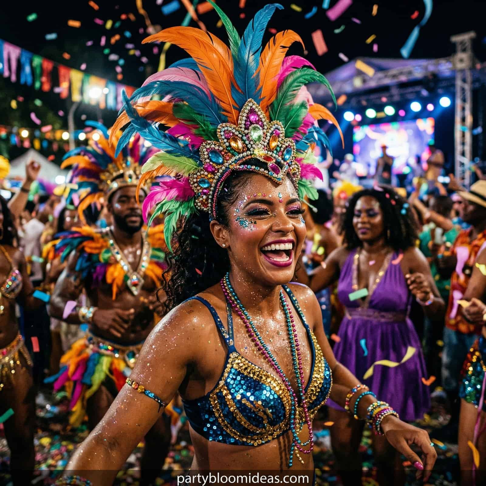 Joyful woman in colorful carnival costume at kids' birthday party celebration.