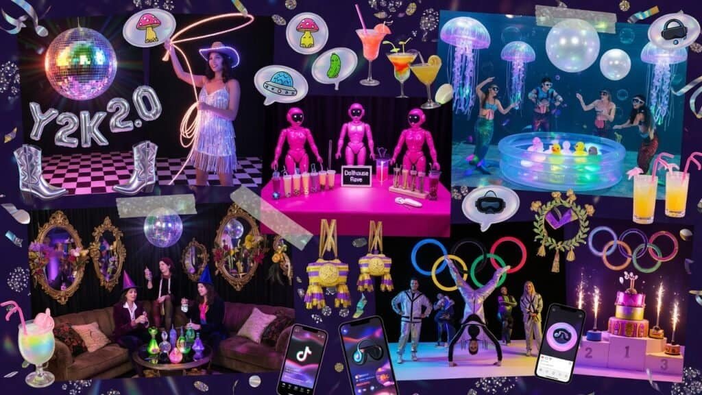 Colorful neon-lit party setup featuring holographic decorations and futuristic elements.