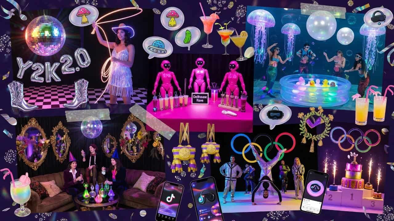 Colorful neon-lit party setup featuring holographic decorations and futuristic elements.