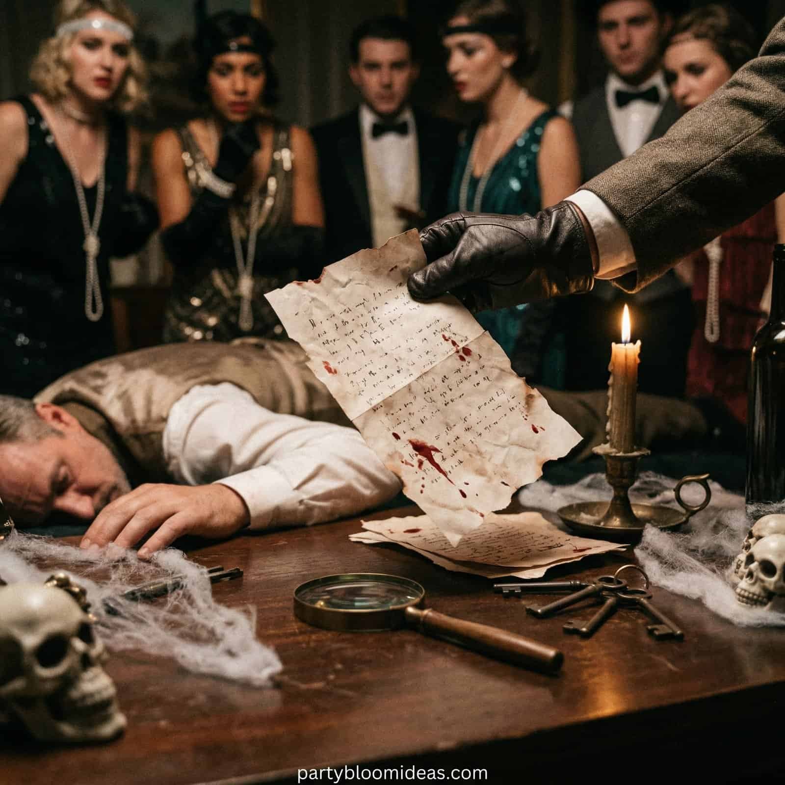 Murder mystery prop with a blood-stained letter at a Halloween party