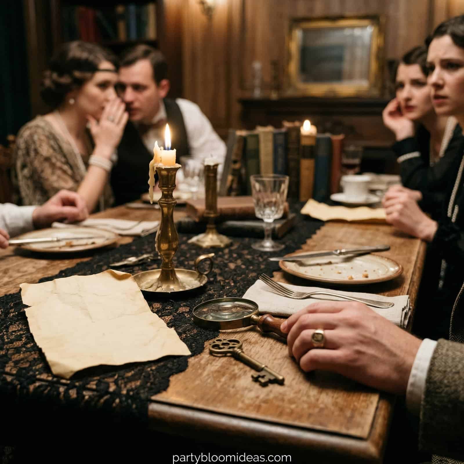 Elegant Victorian dinner party with vintage decor and candlelit ambiance.