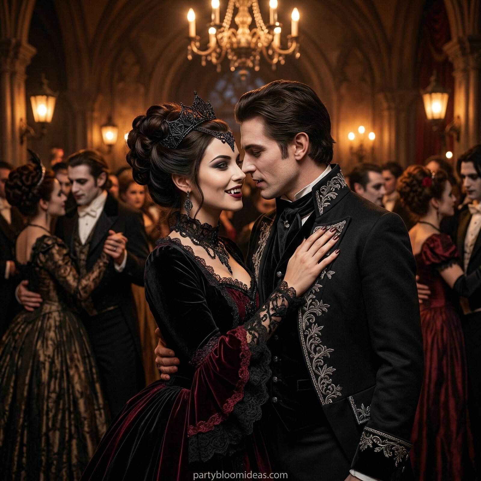 Couple in Victorian vampire costumes at a Halloween ball