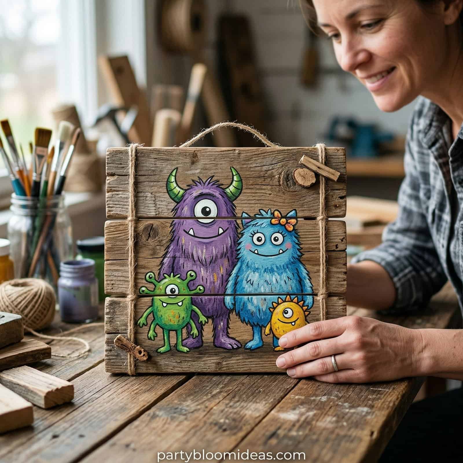 Hand-painted wooden Halloween monster craft on rustic wood background.