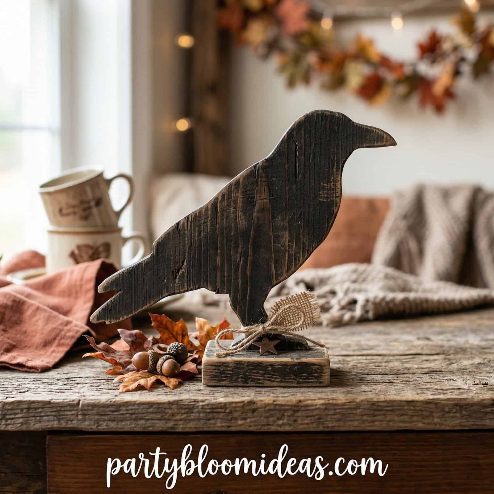 Black wooden crow silhouette with plaid ribbon perched for elegant spooky Halloween decoration.