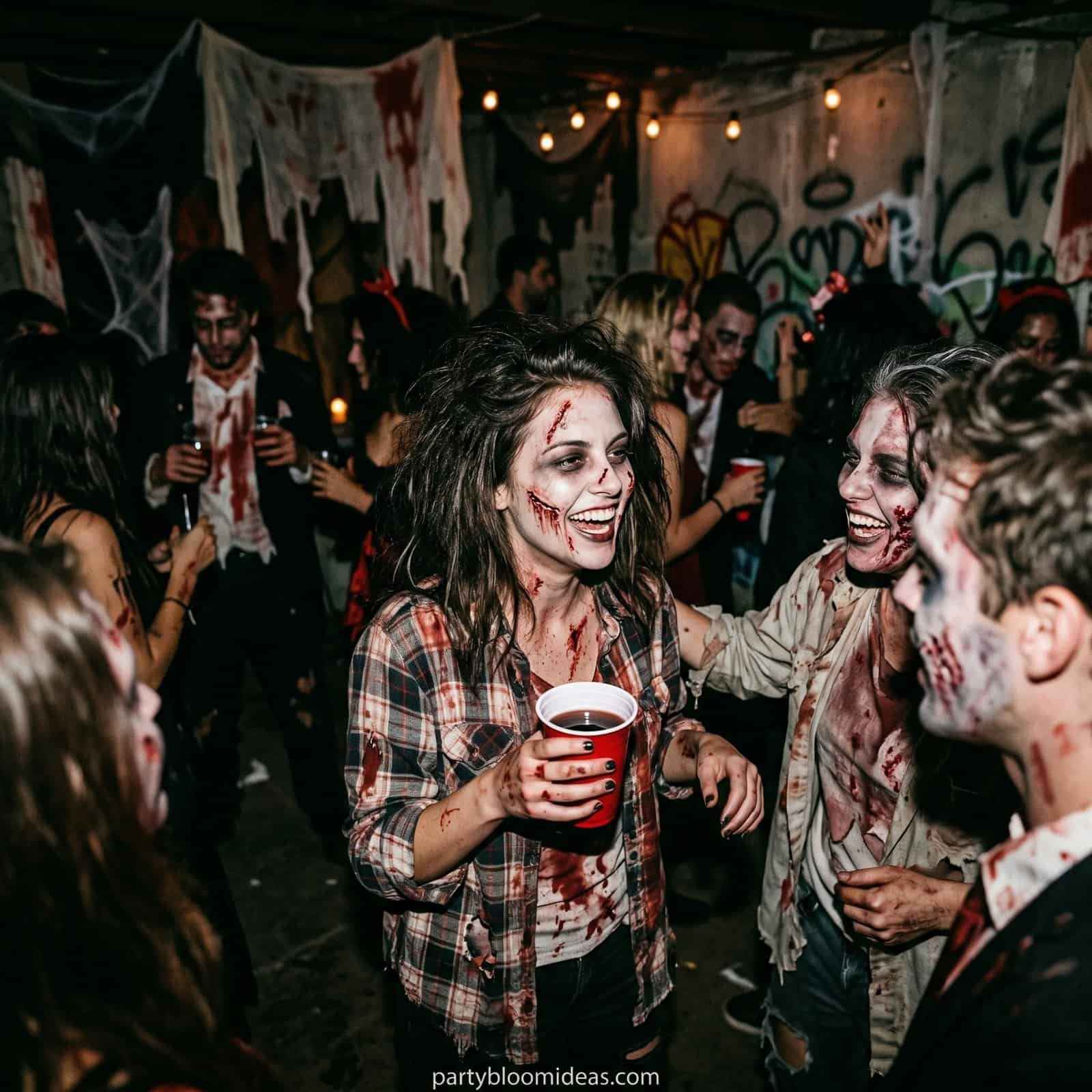 Zombie-themed Halloween party scene with costumed guests