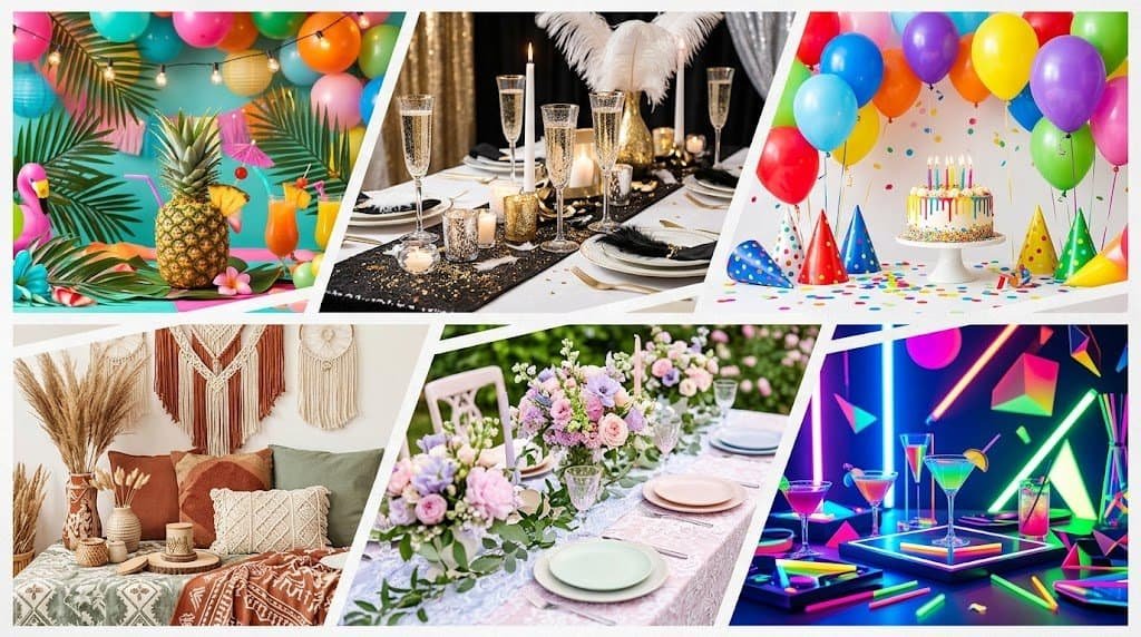 Vibrant balloons and tropical fruits for a lively party atmosphere. Perfect for birthdays and celebr.